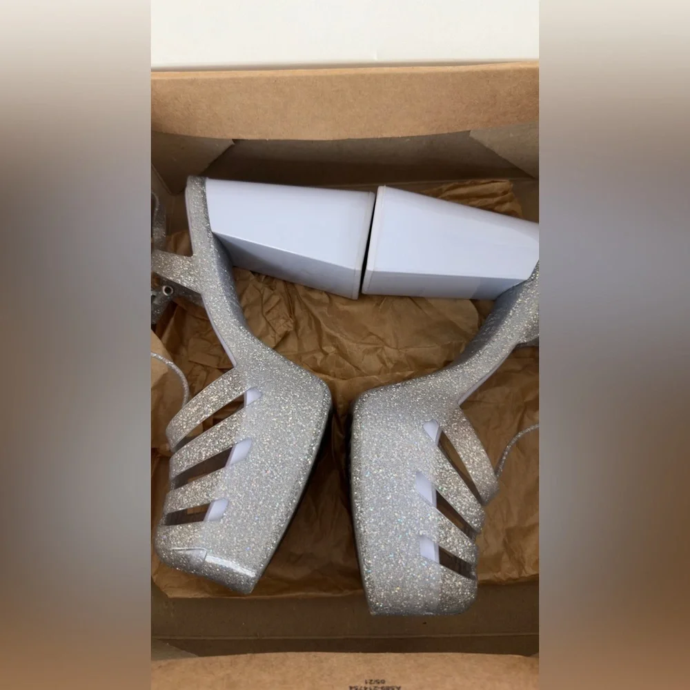 Melissa Party Glitter Clear Jelly Heels Size 6 Silver Sparkle Sandals - Picture 4 of 5